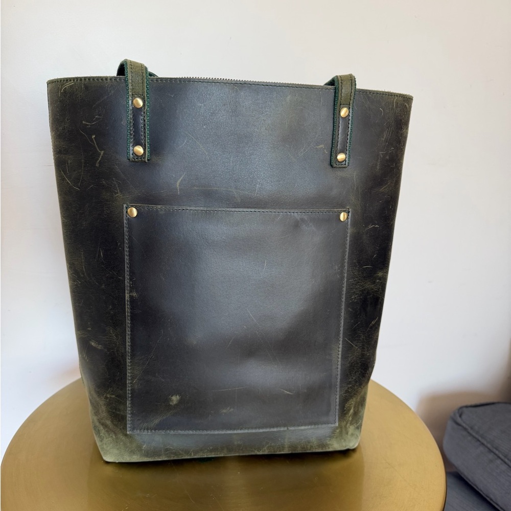 Women's Black Leather Tote Bag with Front Pocket